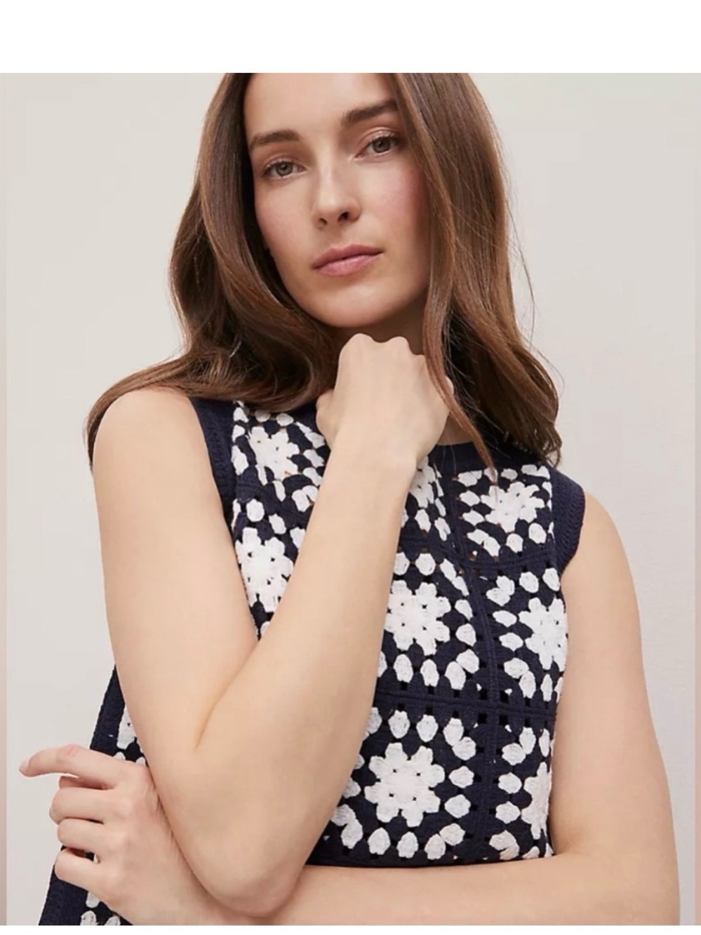 Ann Taylor Weekend Navy & White Granny Square Crochet
Geo Sweater Shell Vest - Picture 3 of 7
